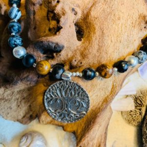 Herrenkette mit Gabbro, Obsidian ... und einem Sterlingsilber Lebensbaum-Anhänger